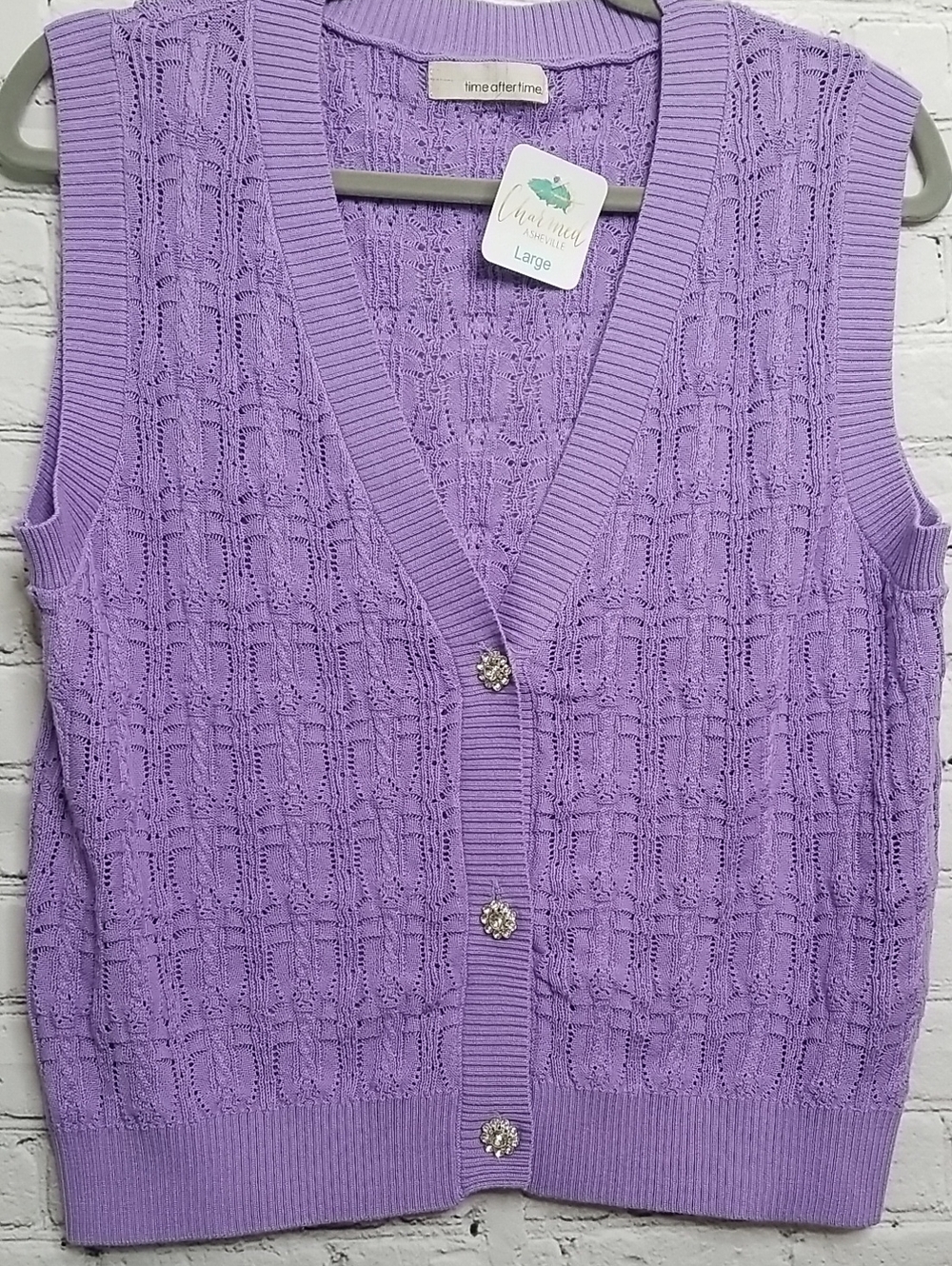 Time After Time womens  vest w/ rhinestone buttons size Large 100% cotton EUC